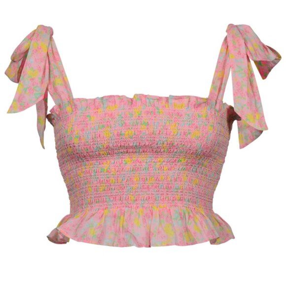 LoveShackFancy Tops - Loveshackfancy Norleen crop top ruffle smocked tie ribbon shoulder M